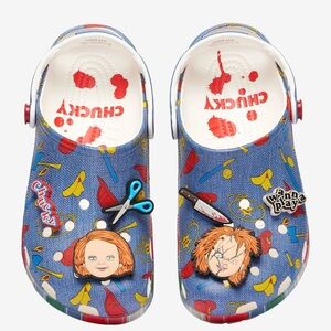 CROCS Blue Chucky Graphic Clogs Womens Mens Shoes Movie Theme
